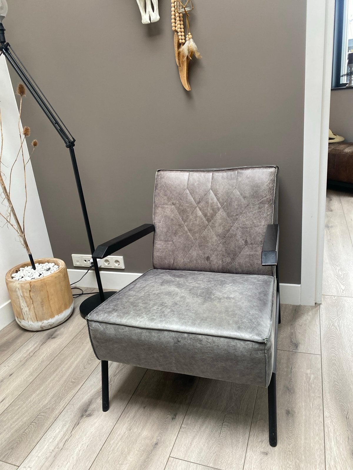 Stoere Bull Leren Fauteuil Antracietgrijs, Huis en Inrichting, Fauteuils, Ophalen, Zo goed als nieuw, Leer, 75 tot 100 cm