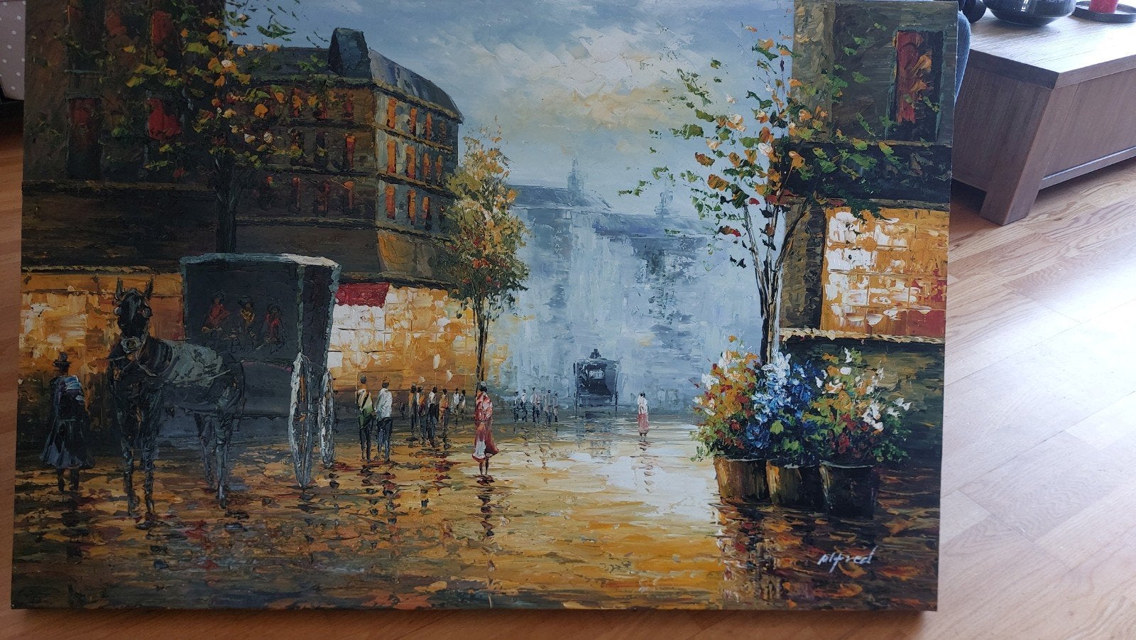 Schilderij Frans stadsgezicht met paard en koets, Antiek en Kunst, Kunst | Schilderijen | Klassiek, Ophalen, Doek, Impressionistisch