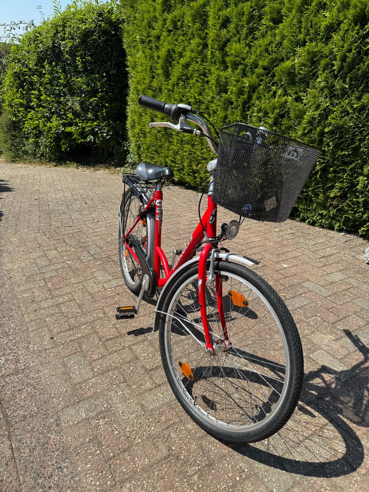 Rode fiets met mandje en bagagedrager | terugtraprem, Fietsen en Brommers, Fietsen | Dames | Damesfietsen, Gebruikt, Velgrem, Versnellingen