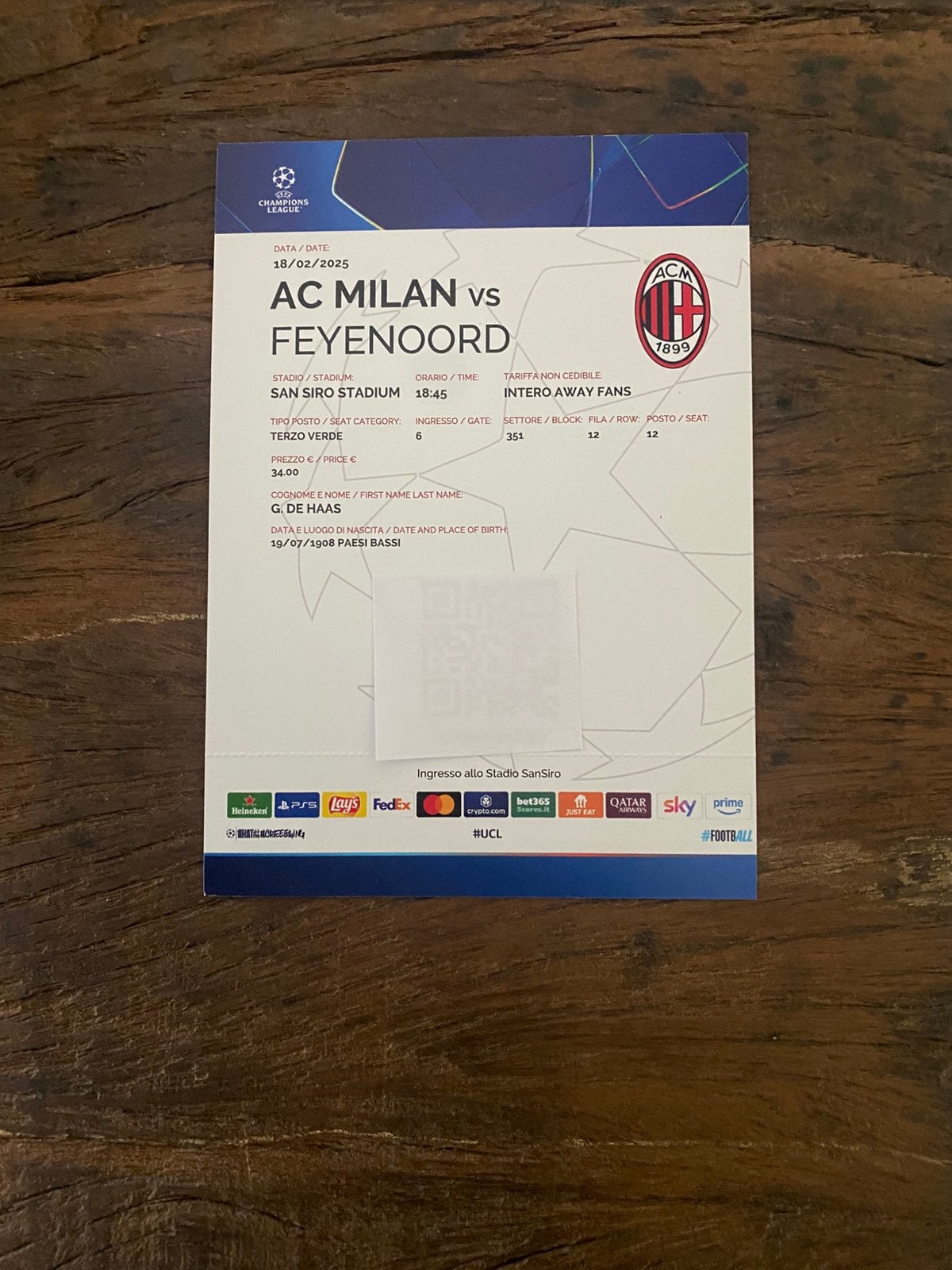 Kaartje Feyenoord, Verzenden, Gebruikt, Feyenoord, Poster, Plaatje of Sticker