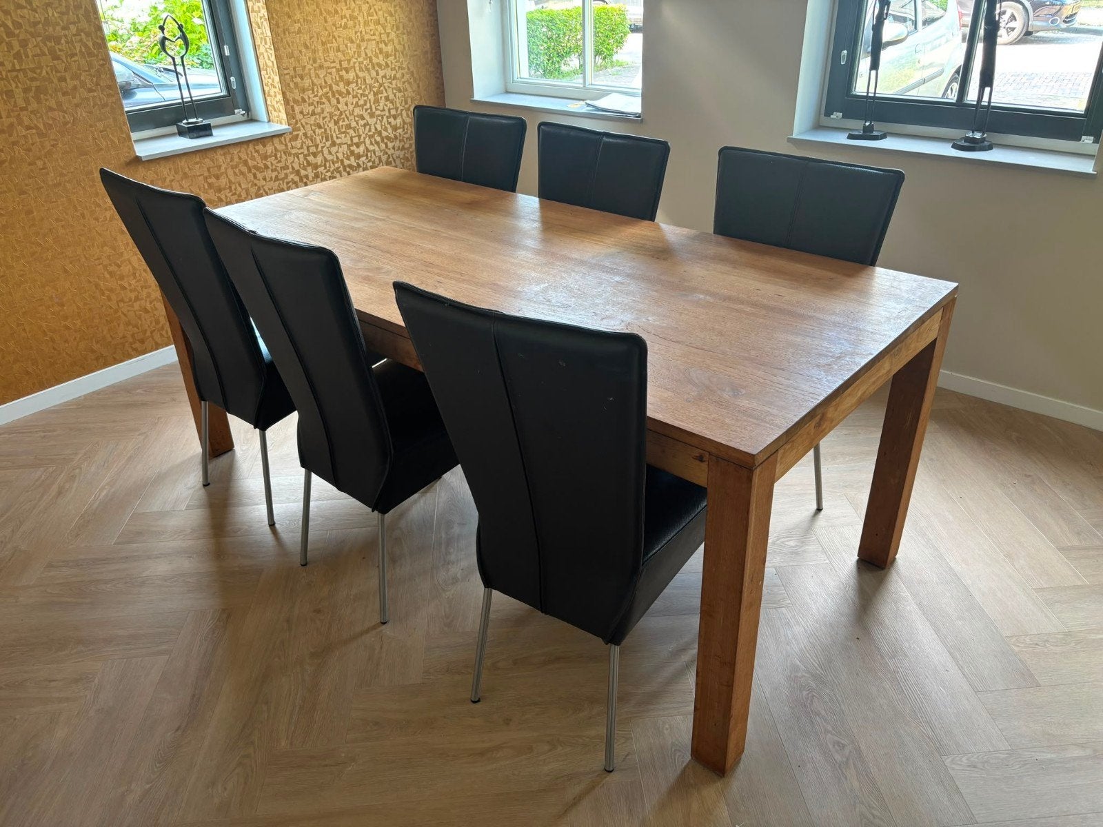 6 Bruine Lederen Eetkamerstoelen, Ophalen, Gebruikt, Bruin, Leer