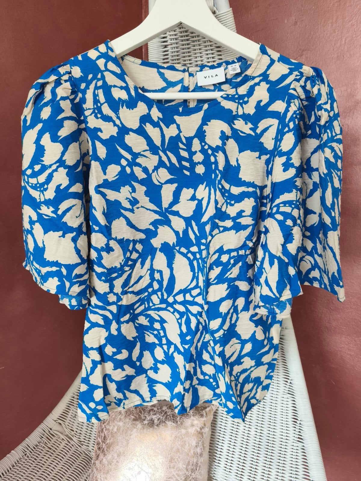 Vila - Blouse top beige blauw - mt xs, Vila, Zo goed als nieuw, Korte mouw, Maat 34 (XS) of kleiner