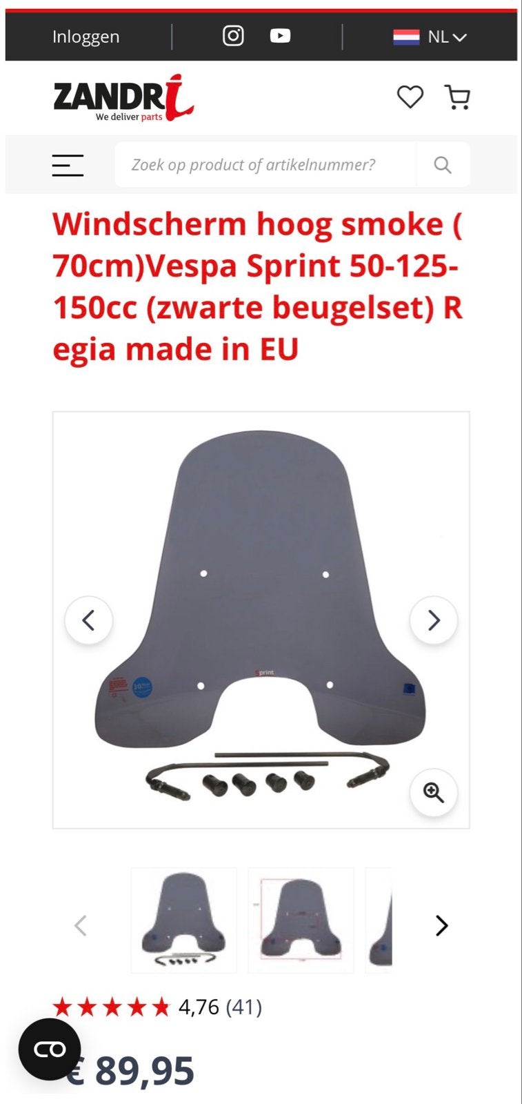 Windscherm hoog smoke Vespa, Ophalen of Verzenden, Nieuw, Overige typen, Vespa