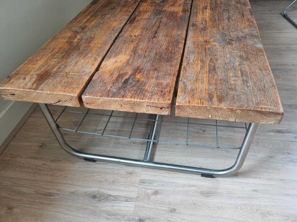 Massieve industriele salontafel met metalen Chroom onderstel, 100 tot 150 cm, Minder dan 50 cm, Rechthoekig, 50 tot 100 cm