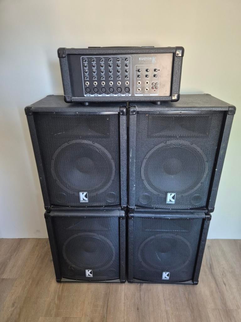 4x Kustom K12E speaker 80W RMS met mixer/versterker, Audio, Tv en Foto, Luidsprekers, Gebruikt, 120 watt of meer, Front, Rear of Stereo speakers