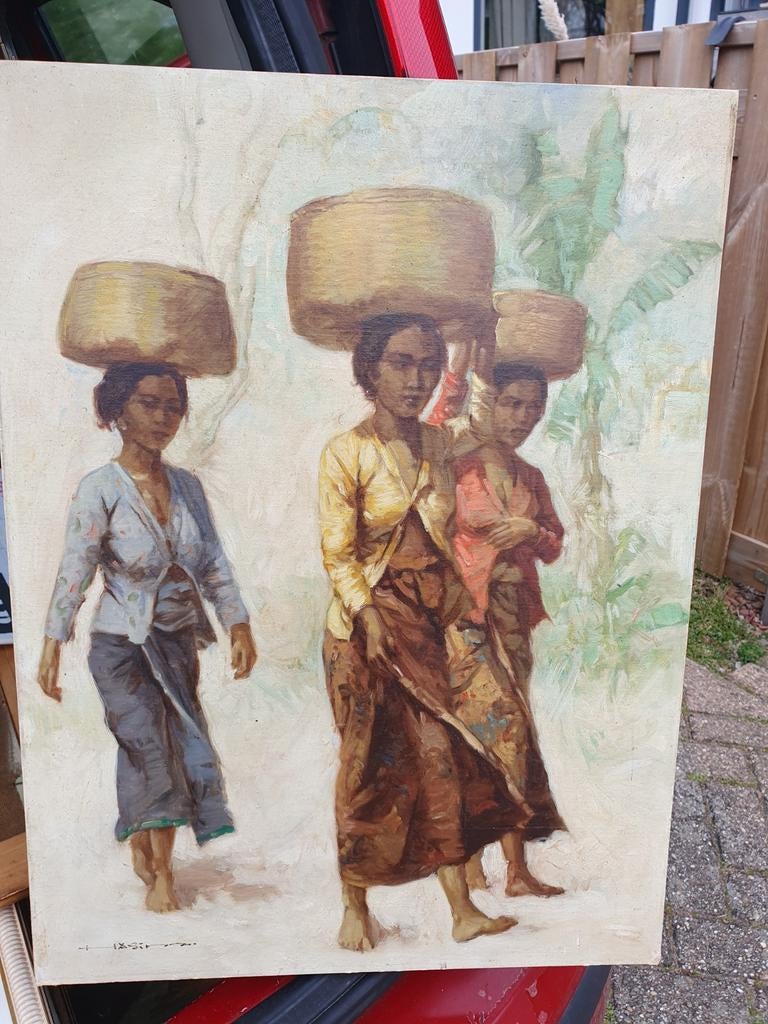 Schilderij met drie vrouwen met manden op hoofd, Ophalen of Verzenden
