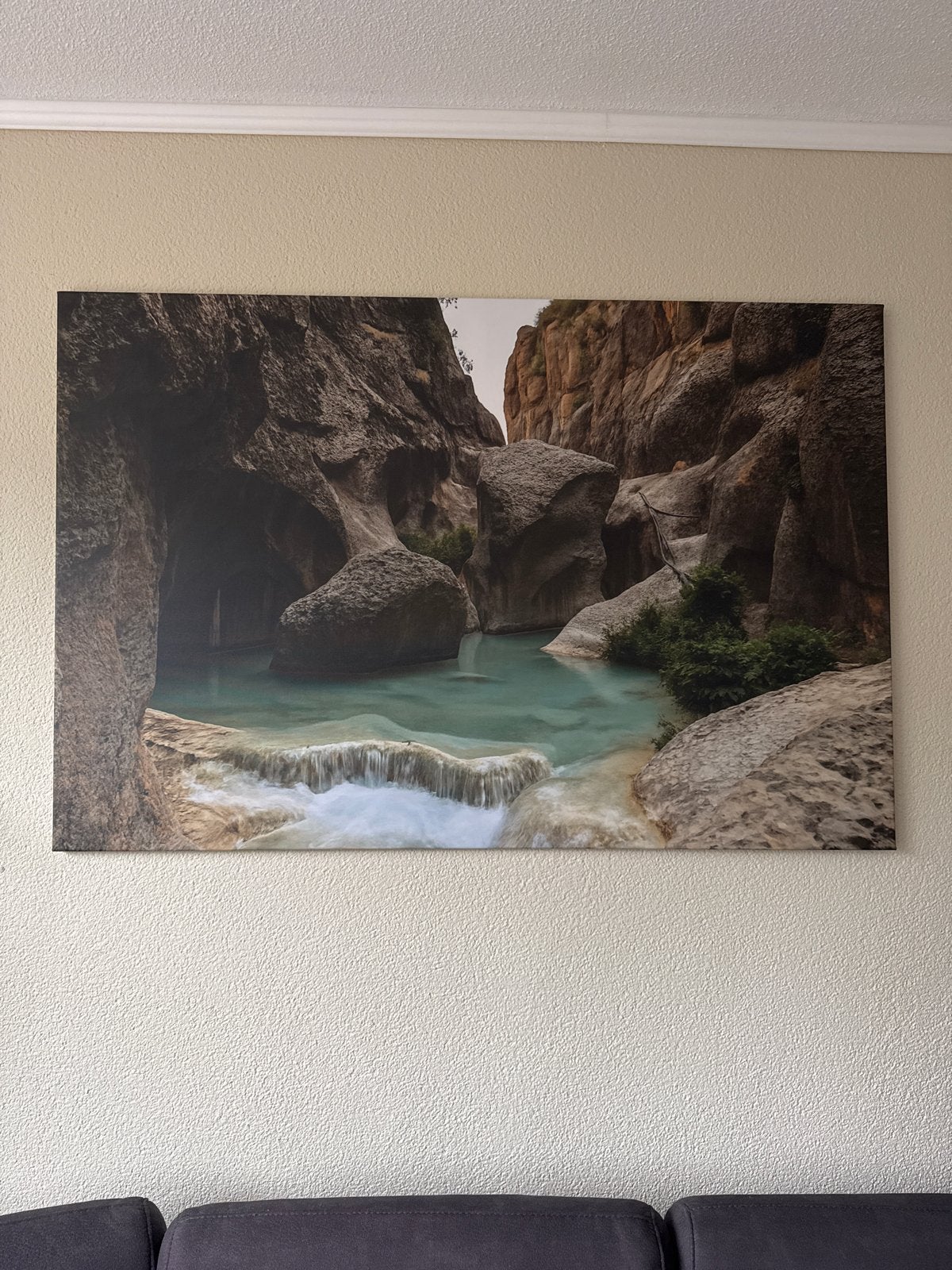 Grote wanddecoratie: Landschap met waterval (120x80 cm), Ophalen of Verzenden, Zo goed als nieuw, 100 tot 125 cm, Foto of Poster