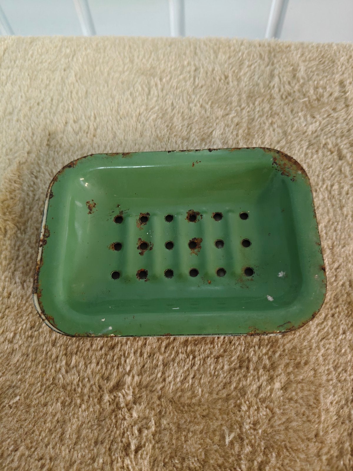 Emaille zeepbakje groen met beige, Ophalen of Verzenden