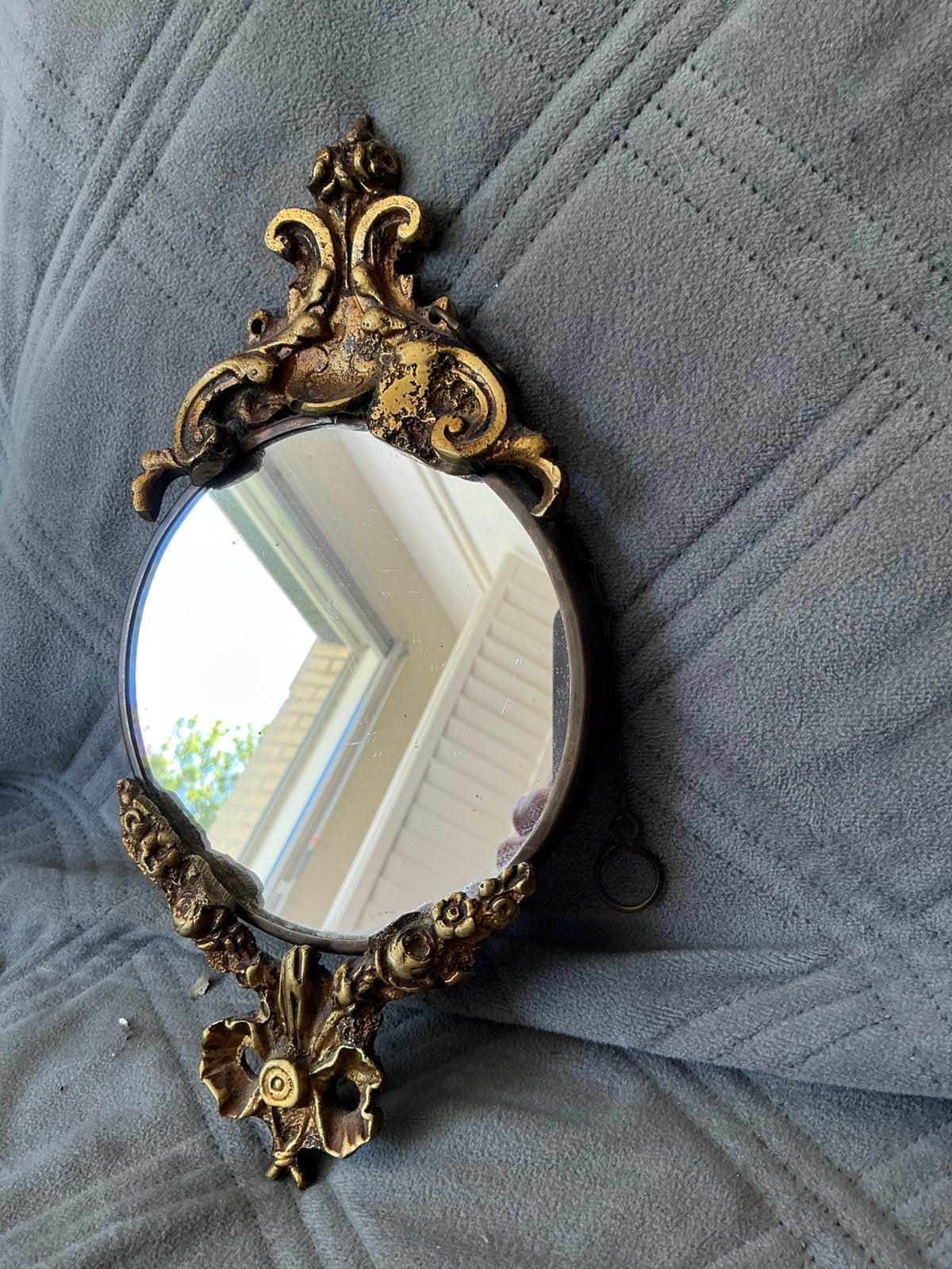 Brocant ovaal messing spiegeltje,jugendstil spiegel, Verzenden, Ovaal, Minder dan 50 cm