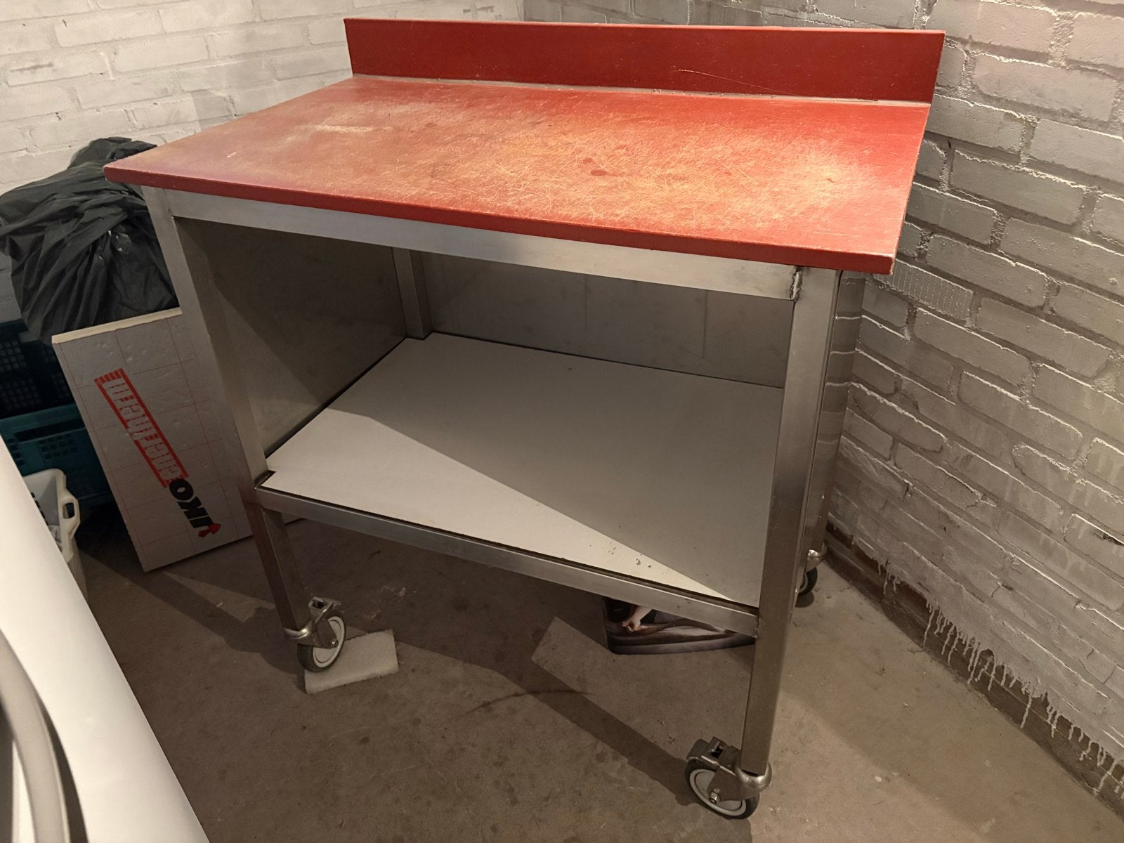 RVS werktafel met snijplank en wielen - 1 meter, Ophalen, Gebruikt, RVS Meubilair