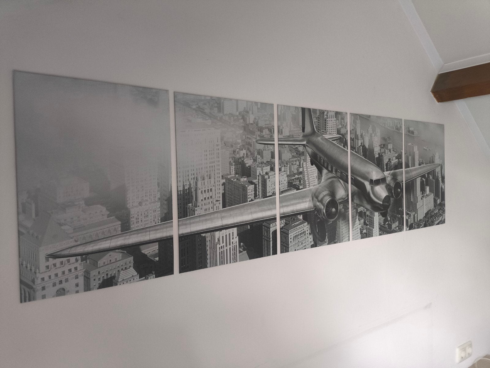 Groot 5-delig displate met vliegtuig en stad, Huis en Inrichting, Ophalen, 50 – 75, 125 cm of meer, Zo goed als nieuw