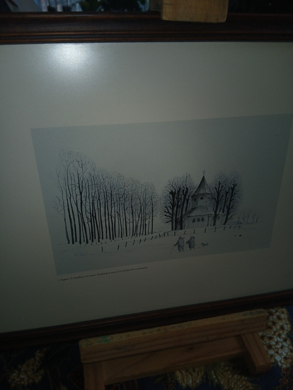 J. Kuppens: De Kapelberg in de sneeuw - Pentekening, Ingelijst, 1950 - 1999, Overige technieken, Ophalen of Verzenden