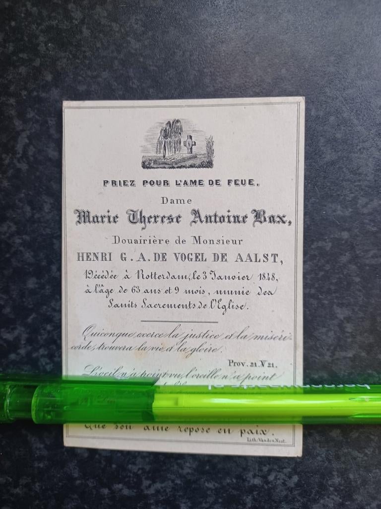 Bidprentje Rotterdam Marie Bax 1785 1848, Ophalen, Bidprentje