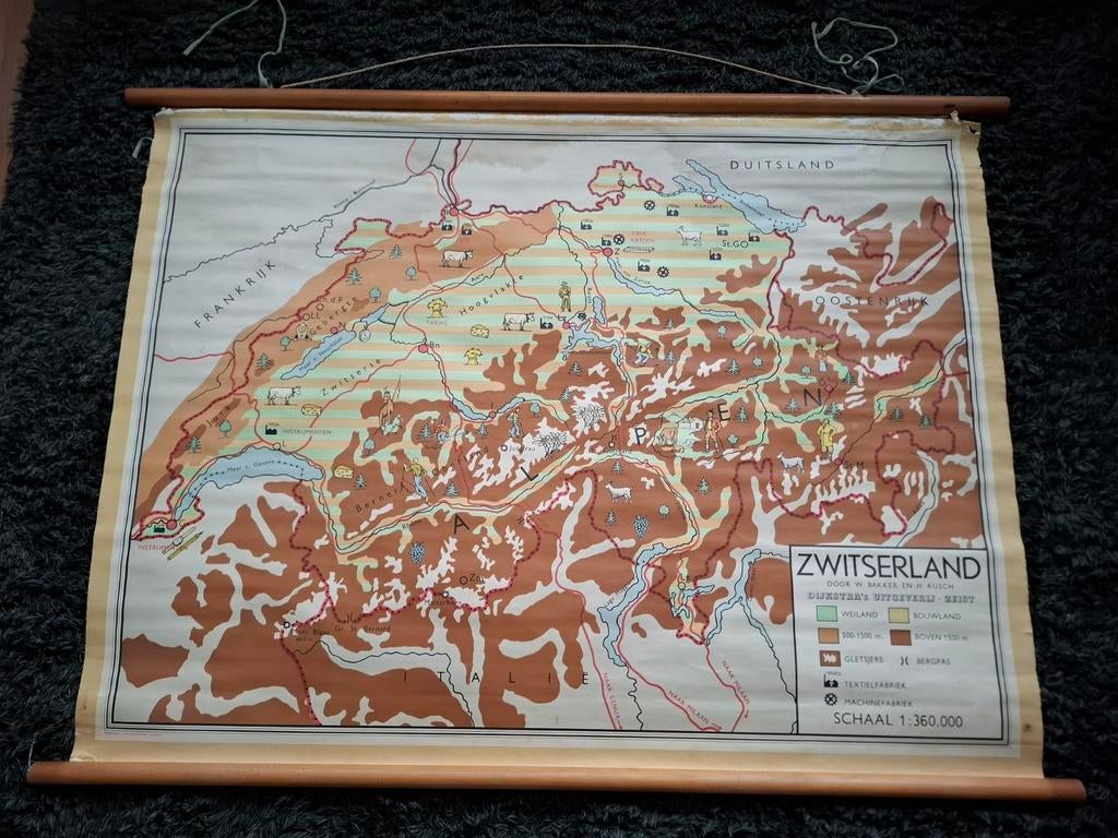 Oude schoolkaart Zwitserland Bakker en Rusch, Antiek en Kunst, Ophalen, Aardrijkskunde
