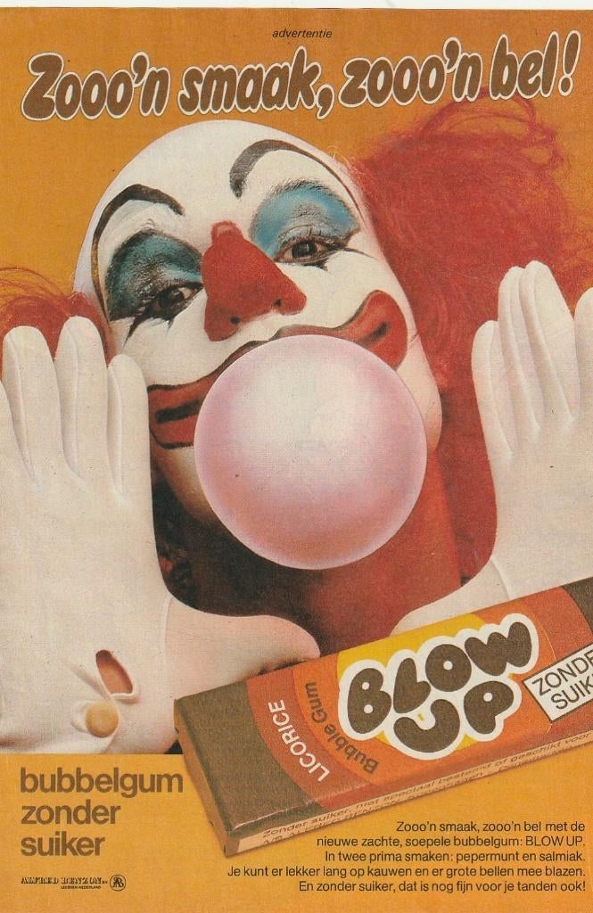 retro reclame 1981 Blow Up kauwgom clown zoooo'n bel, Verzamelen, Verzenden, Overige typen
