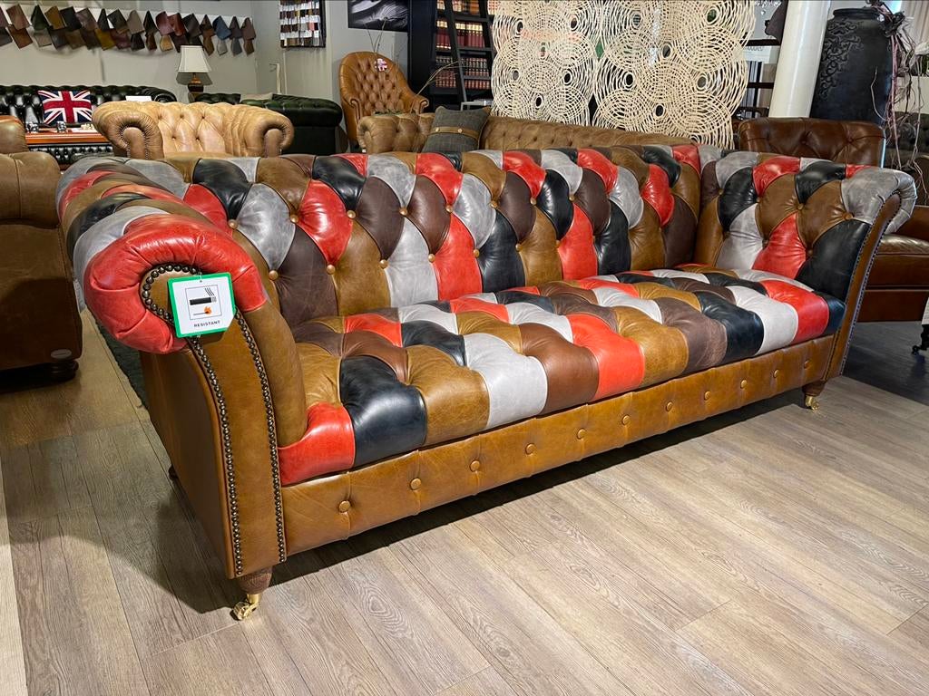 Multicolour chesterfield 3 Zit bank Patchwork leer Henley, Huis en Inrichting, Ophalen of Verzenden, Nieuw, 75 tot 100 cm, Leer