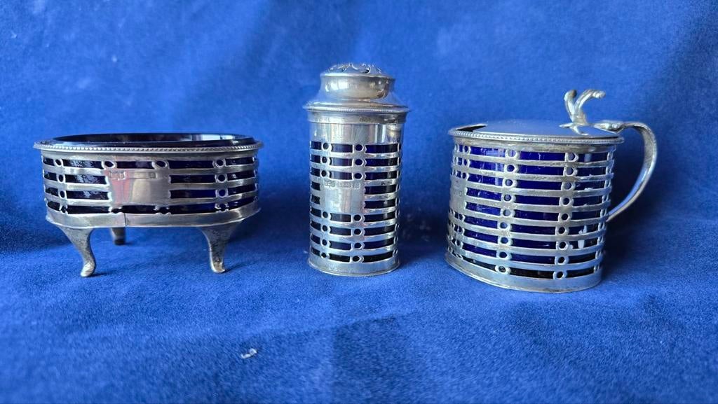 Zilveren Mosterdbakje, Zout- en Peperstrooier met Blauw Glas, Ophalen of Verzenden