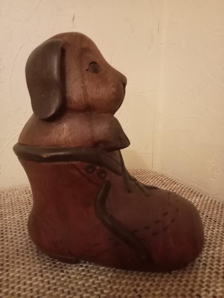 Vintage Houten Schoen met Hond, Antiek en Kunst, Kunst | Beelden en Houtsnijwerken, Ophalen of Verzenden