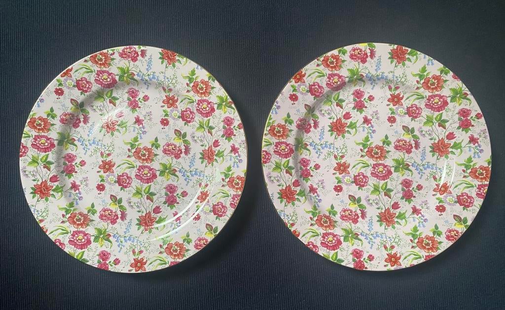 2 Borden: roze/rode bloemen op roze ondergrond. D. 20 cm., Overige typen, Ophalen of Verzenden, Overige stijlen, Glas