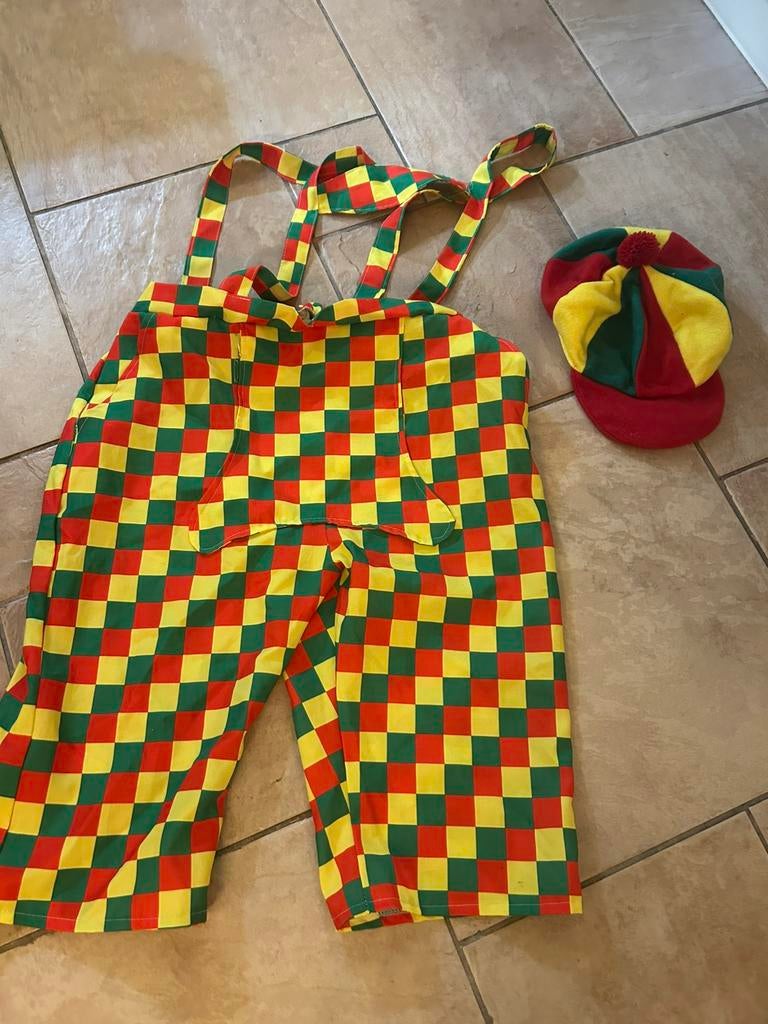 Carnaval clown Tuinbroek en muts, Carnaval, Maat 42/44 (L), Ophalen of Verzenden, Zo goed als nieuw