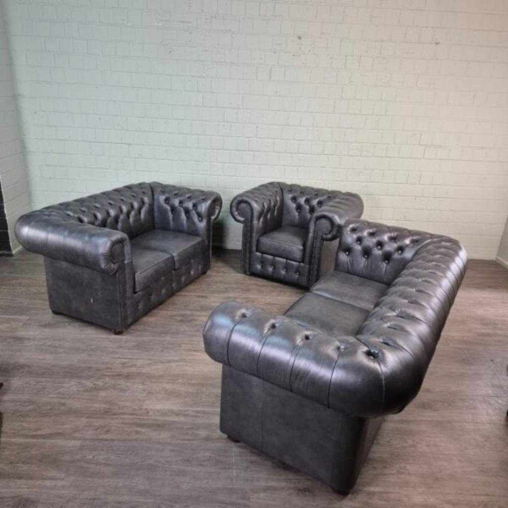 25897 Chesterfield Bankstel Antraciet 3-2-1 Leder, Ophalen, Nieuw, Leer