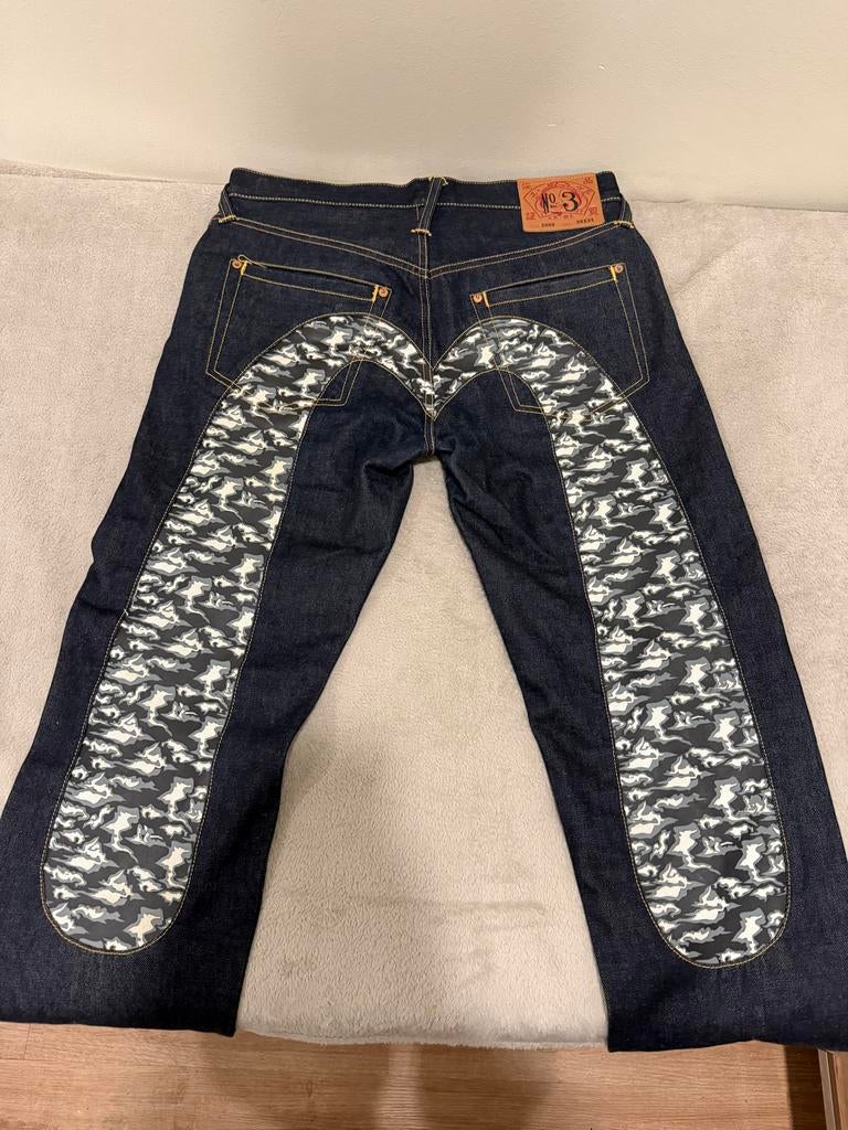 2000s Evisu 'Daicock' Camo Gull Logo Raw Denim, Ophalen of Verzenden, Zo goed als nieuw, Blauw, Overige jeansmaten