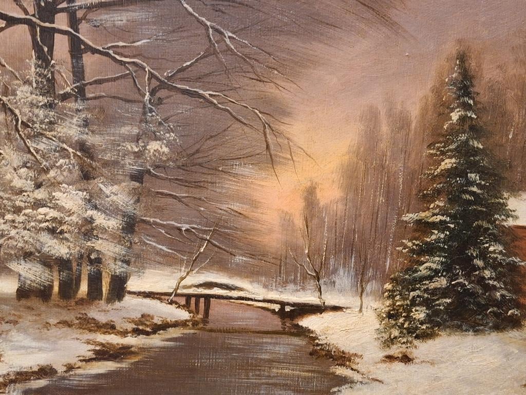 Schilderij antiek Winterlandschap m Brug naar L Apol, Antiek en Kunst, Kunst | Schilderijen | Klassiek, Ophalen of Verzenden