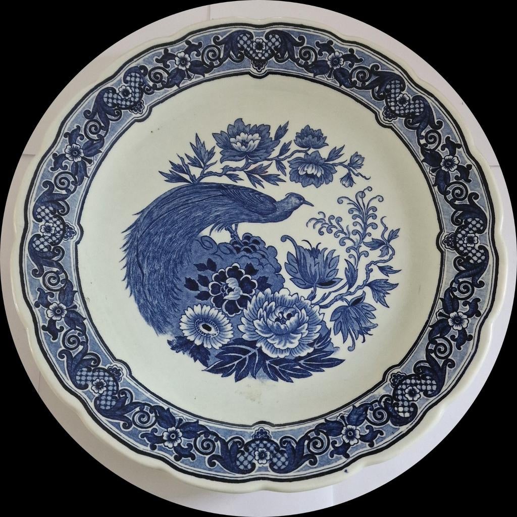 Antiek Delfts Blauw Bord met Pauw en Bloemen., Ophalen of Verzenden