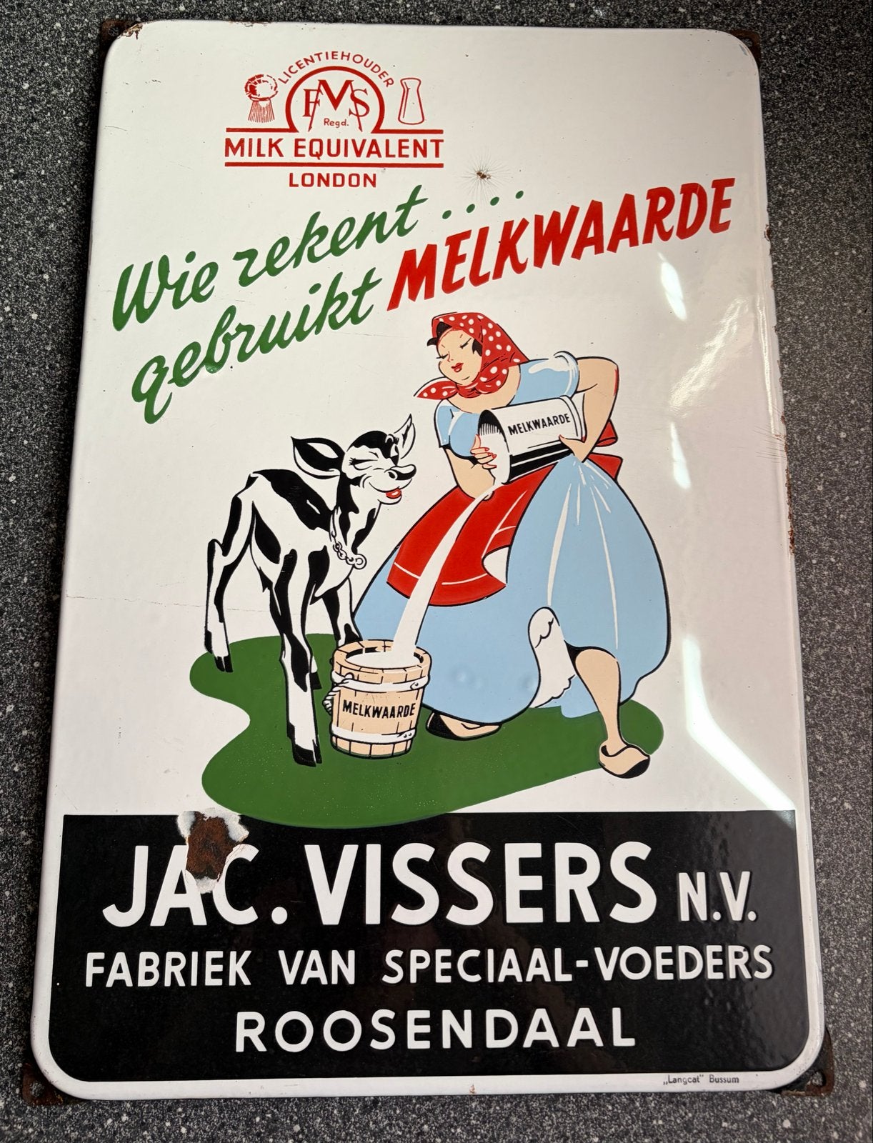 Emaille reclamebord Jac. Vissers Melkwaarde Langcat Bussum, Ophalen of Verzenden, Gebruikt, Reclamebord