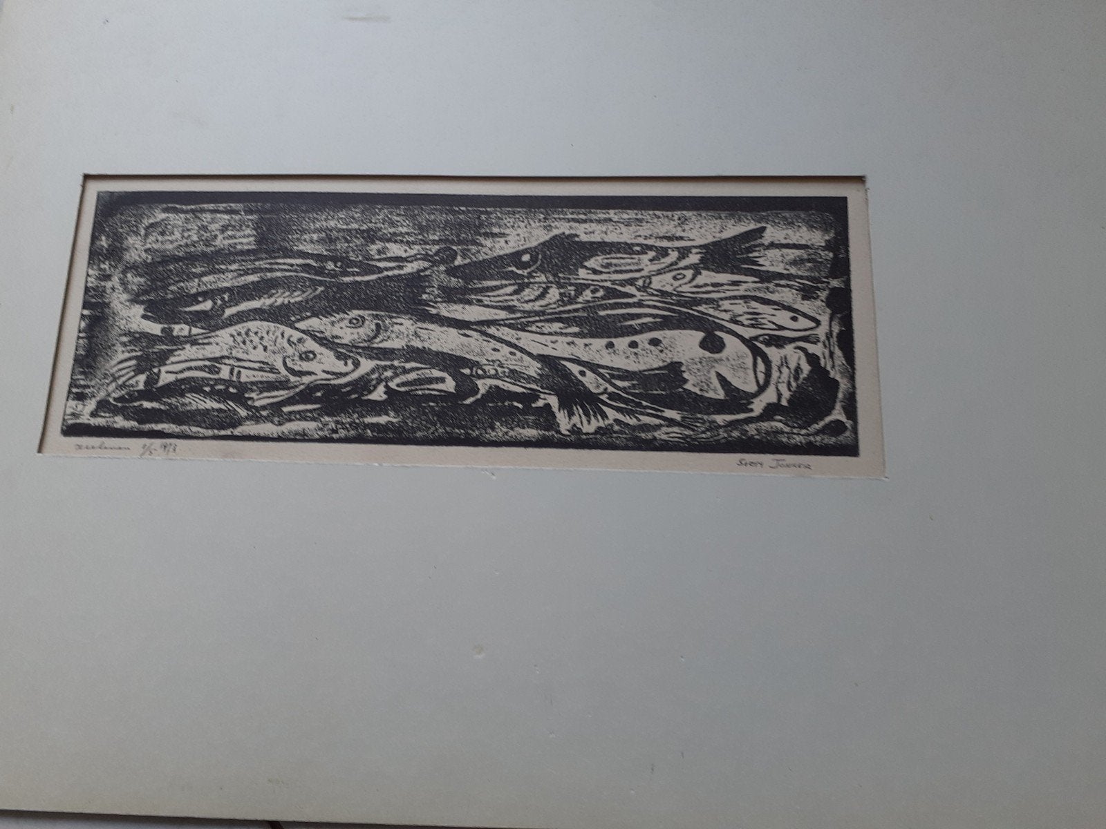 Houtsnede 'Vissen' - Gesigneerd en Genummerd, Antiek en Kunst, 1950 - 1999, Ophalen of Verzenden, Houtsnede, Genummerd