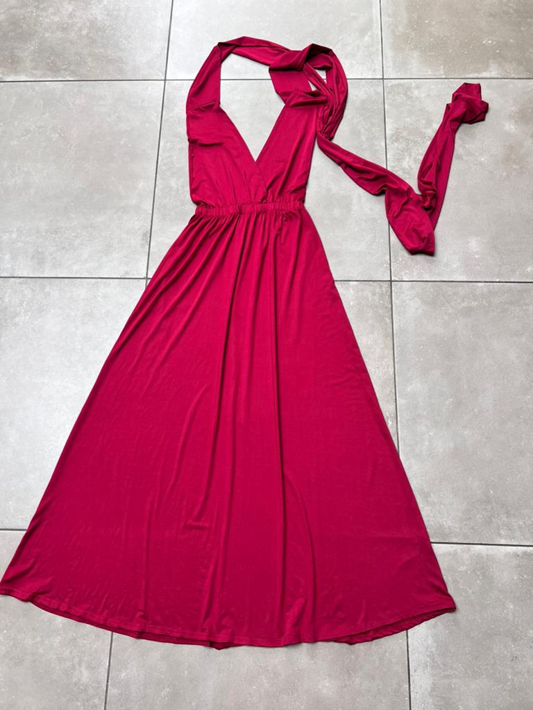 ZOMERSE DONKER ROZE MAXIJURK MAXI LANGE HALTER JURK EEN MAAT, Maat 42/44 (L), Ophalen of Verzenden, Zo goed als nieuw, Roze