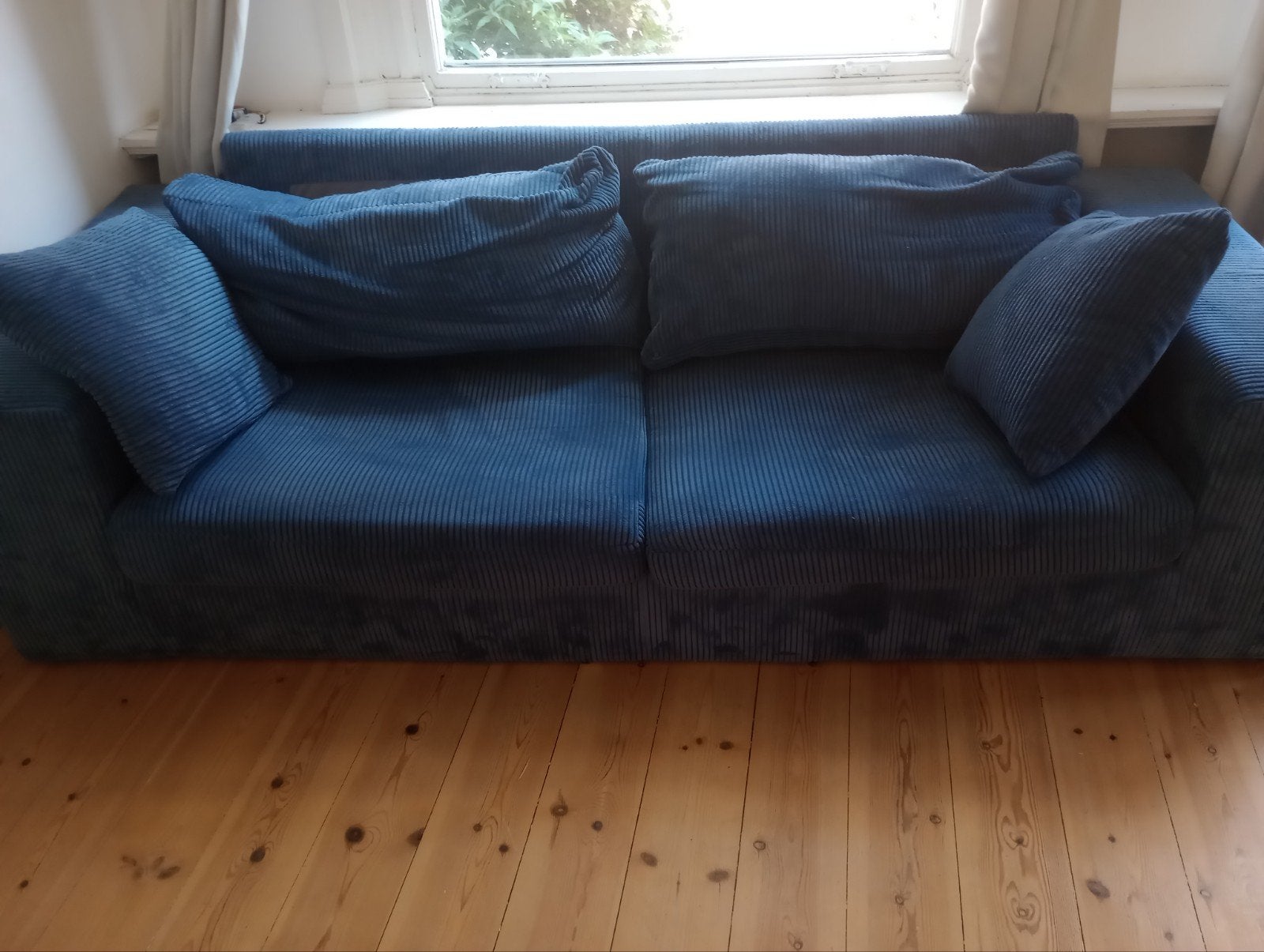 Comfortabele blauwe ribstof bank, Gebruikt, Driepersoons, 75 tot 100 cm, Ophalen of Verzenden