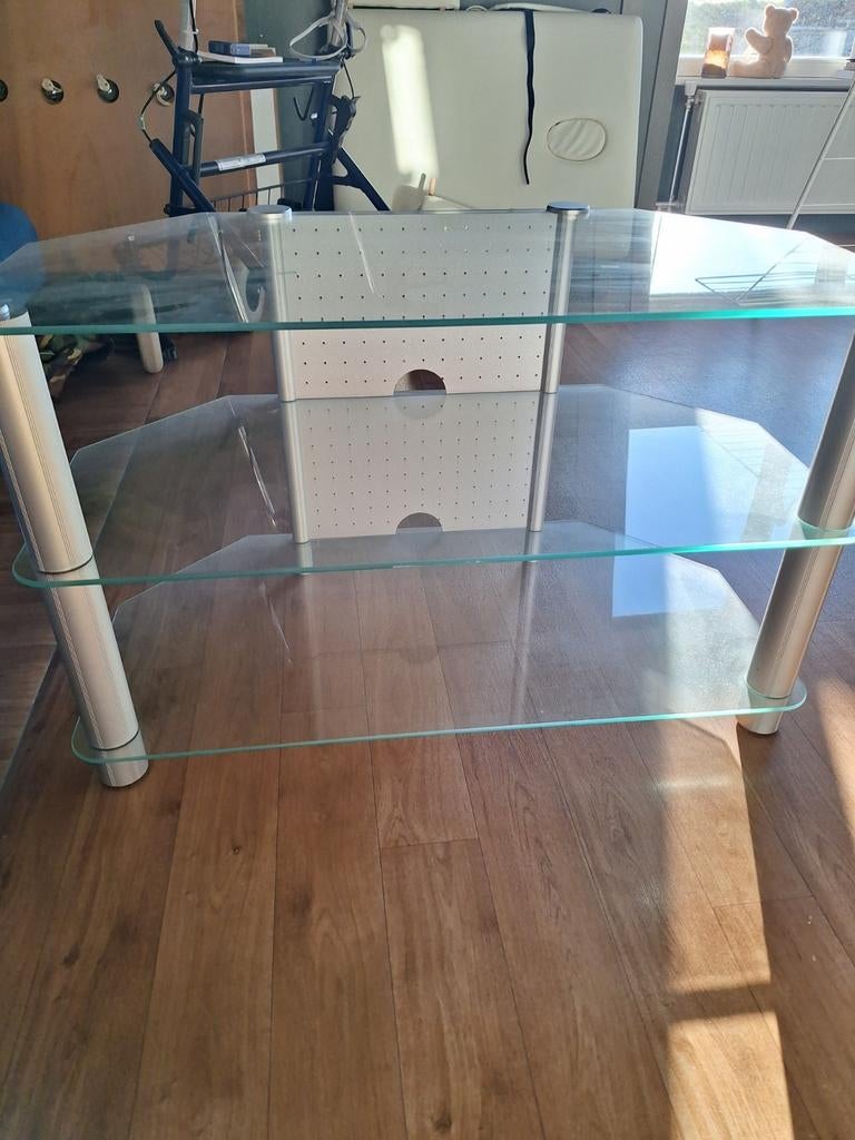 Glazen TV-meubel met 3 planken, Ophalen, Gebruikt, 50 tot 100 cm, Glas