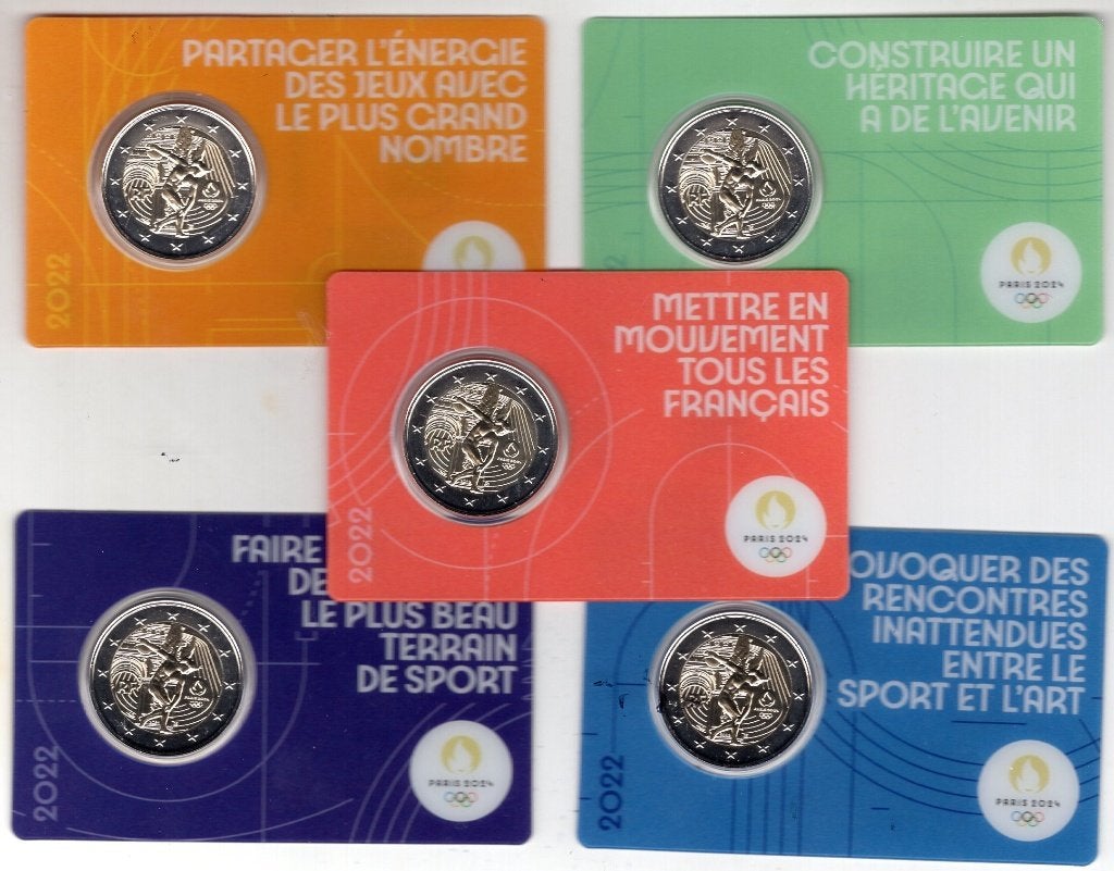 5x 2 euro Frankrijk 2022 - OS 24 Discuswerpen - BU Coincards, Verzenden, Frankrijk, 2 euro, Setje