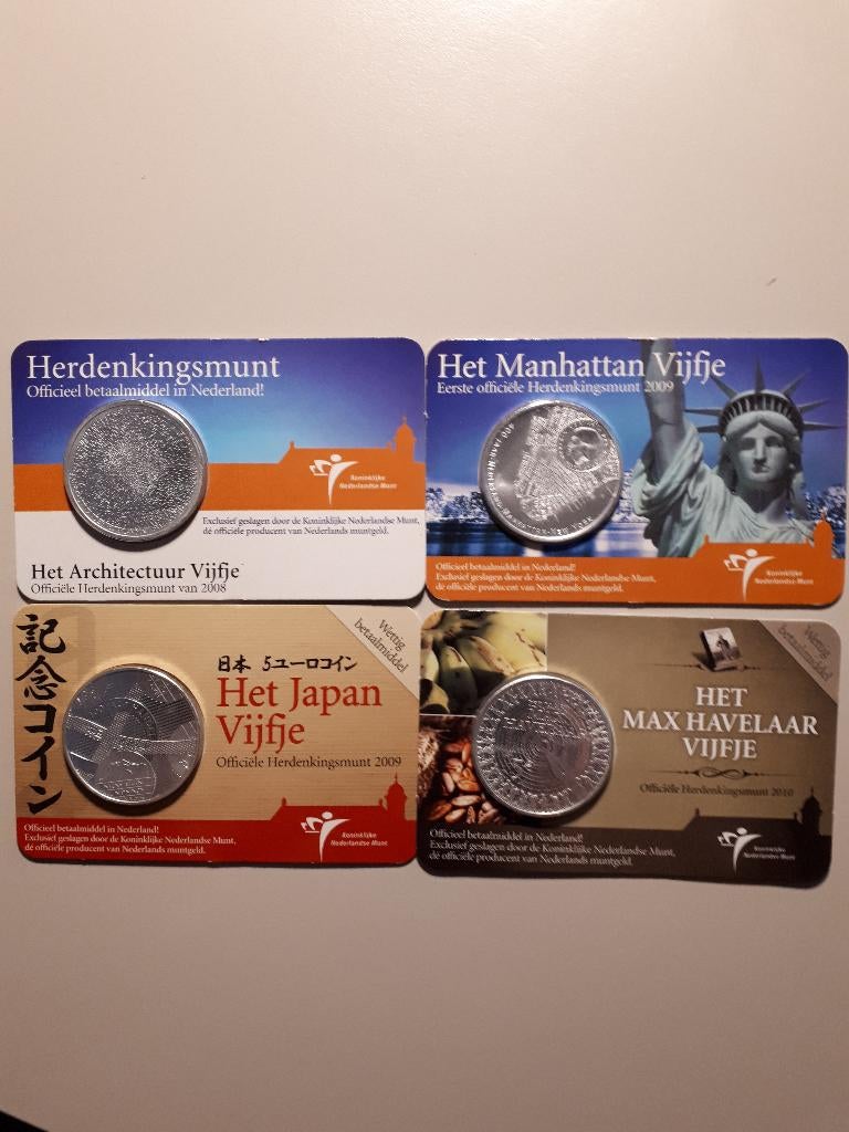 4x coincard KNM: € 5 Architectuur/Manhattan/Japan/Havelaar, Postzegels en Munten, Munten | Europa | Euromunten, Verzenden, Overige landen