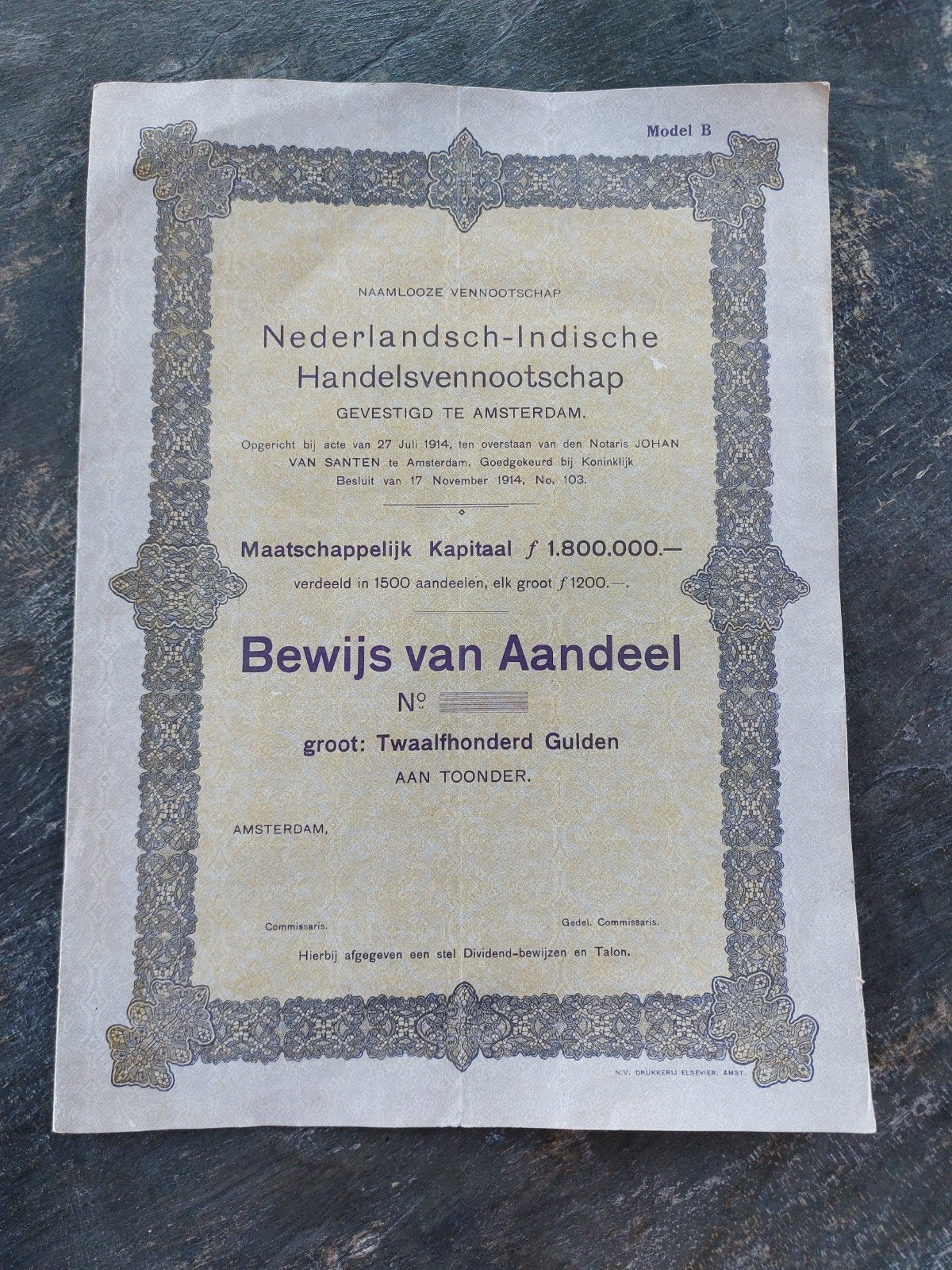 Nederlandsch-Indische Handelsvennootschap Bewijs van Aandeel, Ophalen of Verzenden, Voor 1920, Aandeel