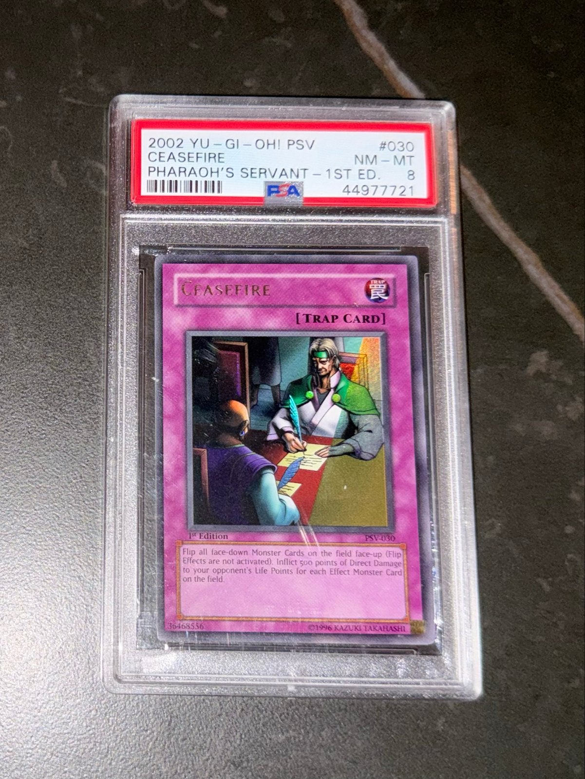 Yu-Gi-Oh! Ceasefire PSA 8 Pharaoh's Servant 1st Ed. PSV-030, Ophalen of Verzenden, Zo goed als nieuw, Losse kaart