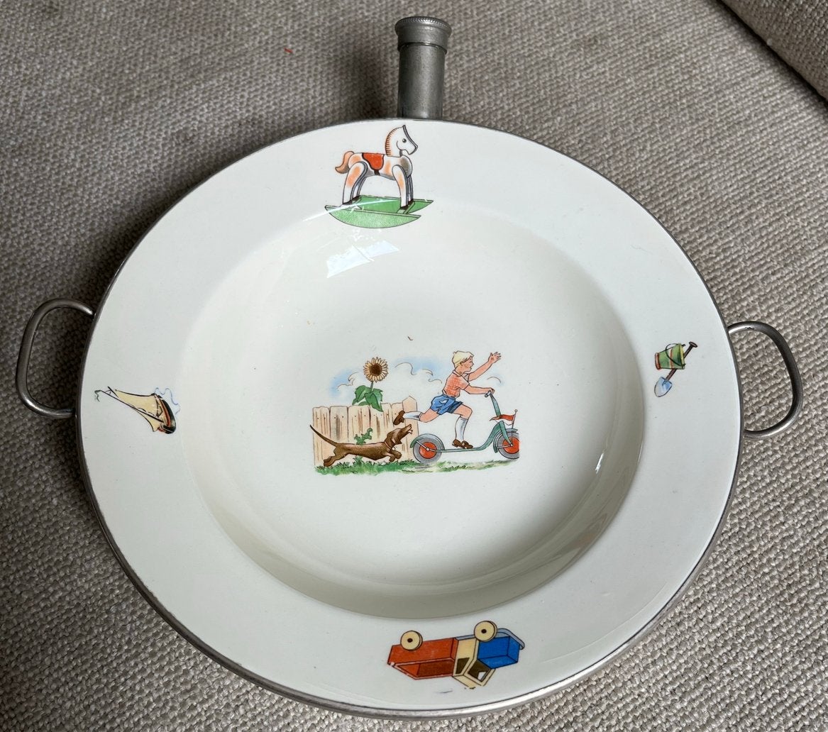 Vintage warmhoudbordje voor kinderen met leuke illustraties, Ophalen of Verzenden