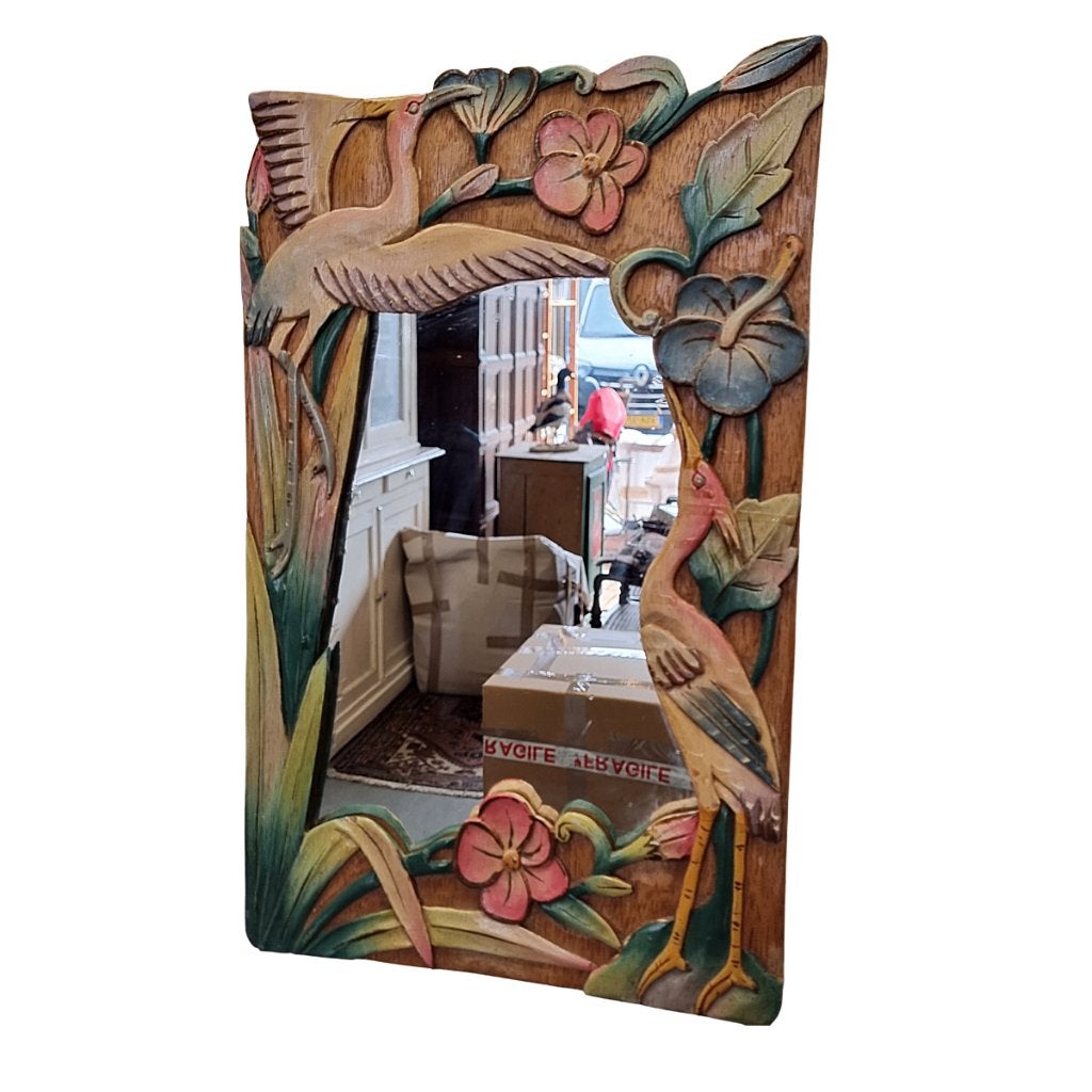 Vintage Balinese houten spiegel met reigers en bloemen, Minder dan 50 cm, Gebruikt, Ophalen of Verzenden, Minder dan 100 cm