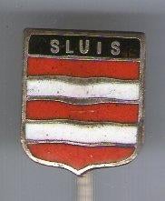 SLUIS email op zilverkleurig stadswapen speldje ( U_108a ), Verzenden, Zo goed als nieuw, Stad of Land, Speldje of Pin