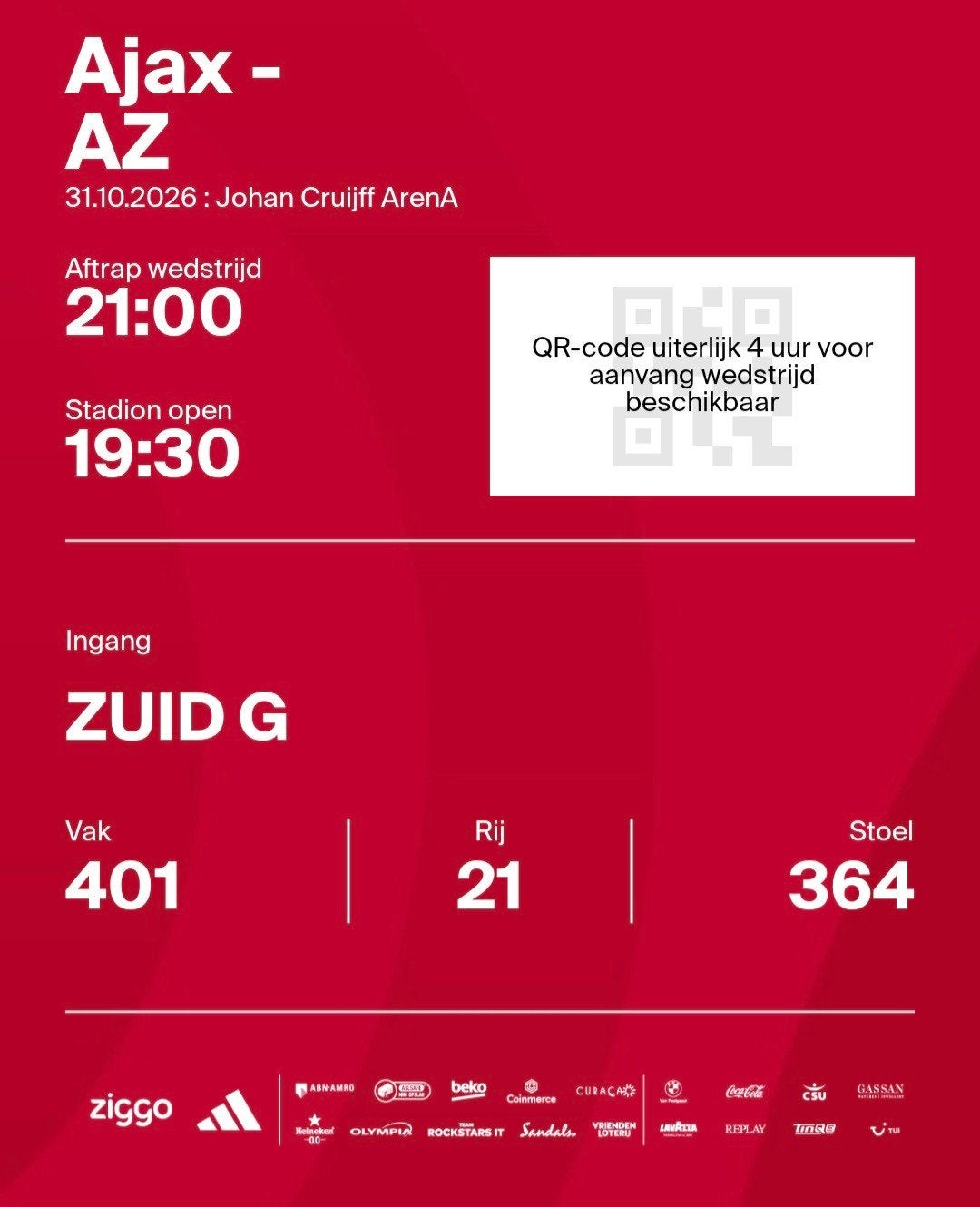 Ajax - AZ, 1x vak 401, Eén persoon, Oktober