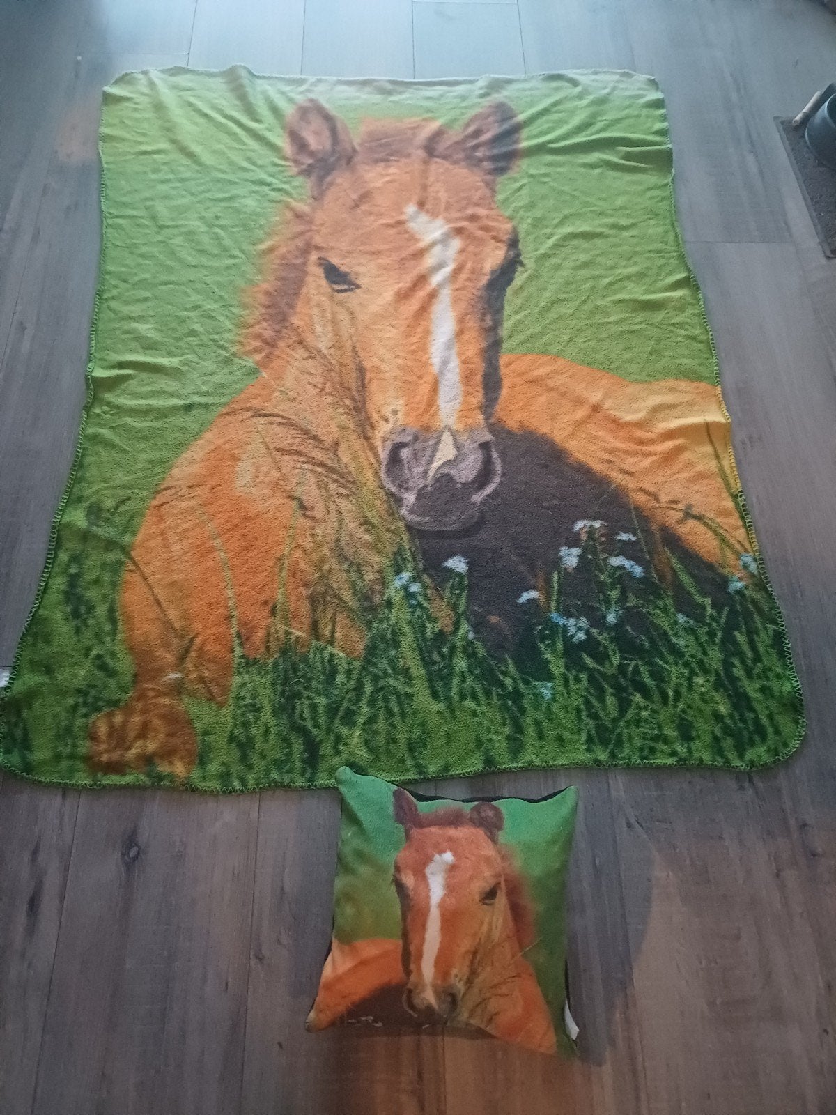 Fleecekleed / fleeceplaid & sierkussen veulen, Fleecedeken, 120 cm, Ophalen of Verzenden, Zo goed als nieuw