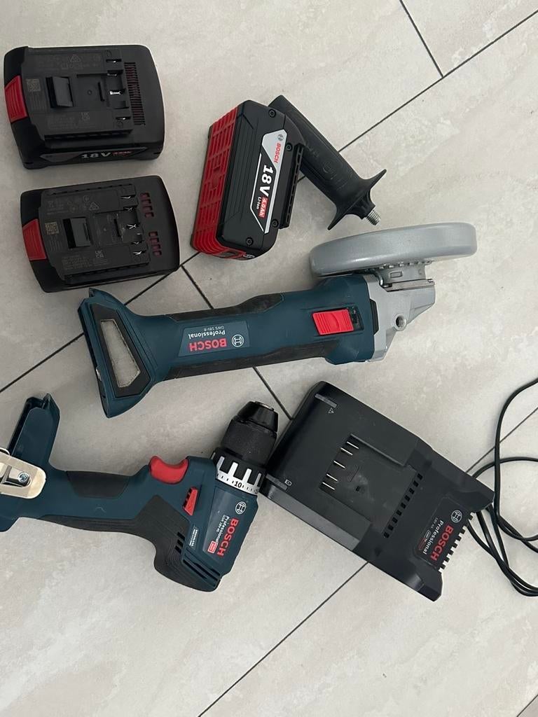 Bosch 18V set (slijper + boormachine + 3 accu’s + lader, Ophalen of Verzenden