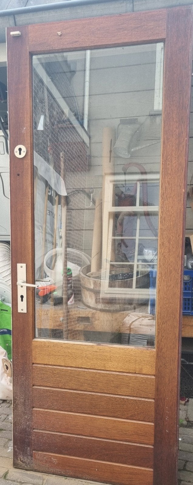 Hardhouten buitendeur 211x82cm met glas, Ophalen, Gebruikt, 80 tot 100 cm, Buitendeur