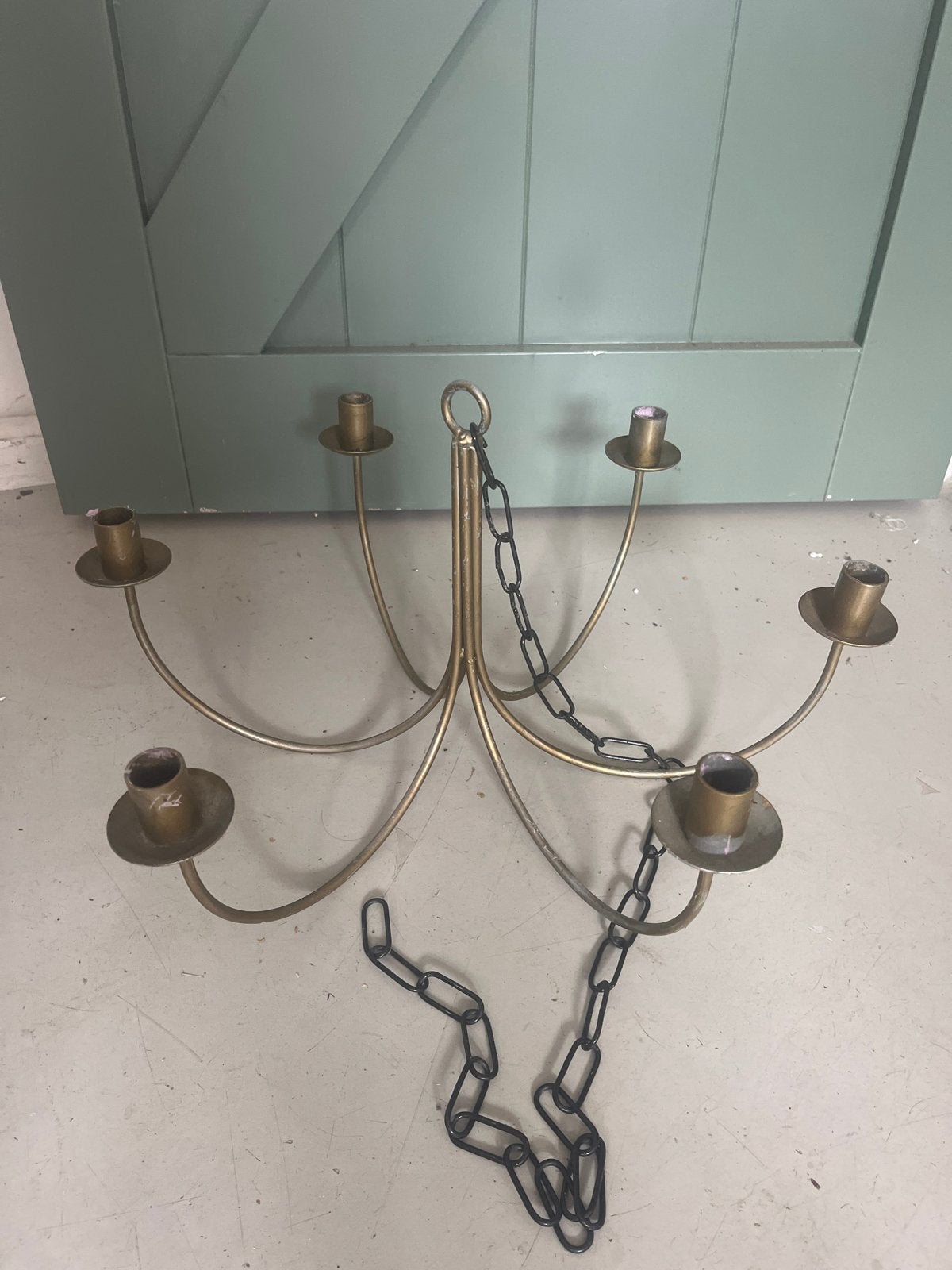 Vintage koper- goud kleurige Kroonluchter met 6 Kaarsenarmen, Antiek en Kunst, Antiek | Kandelaars, Ophalen, Koper of Brons
