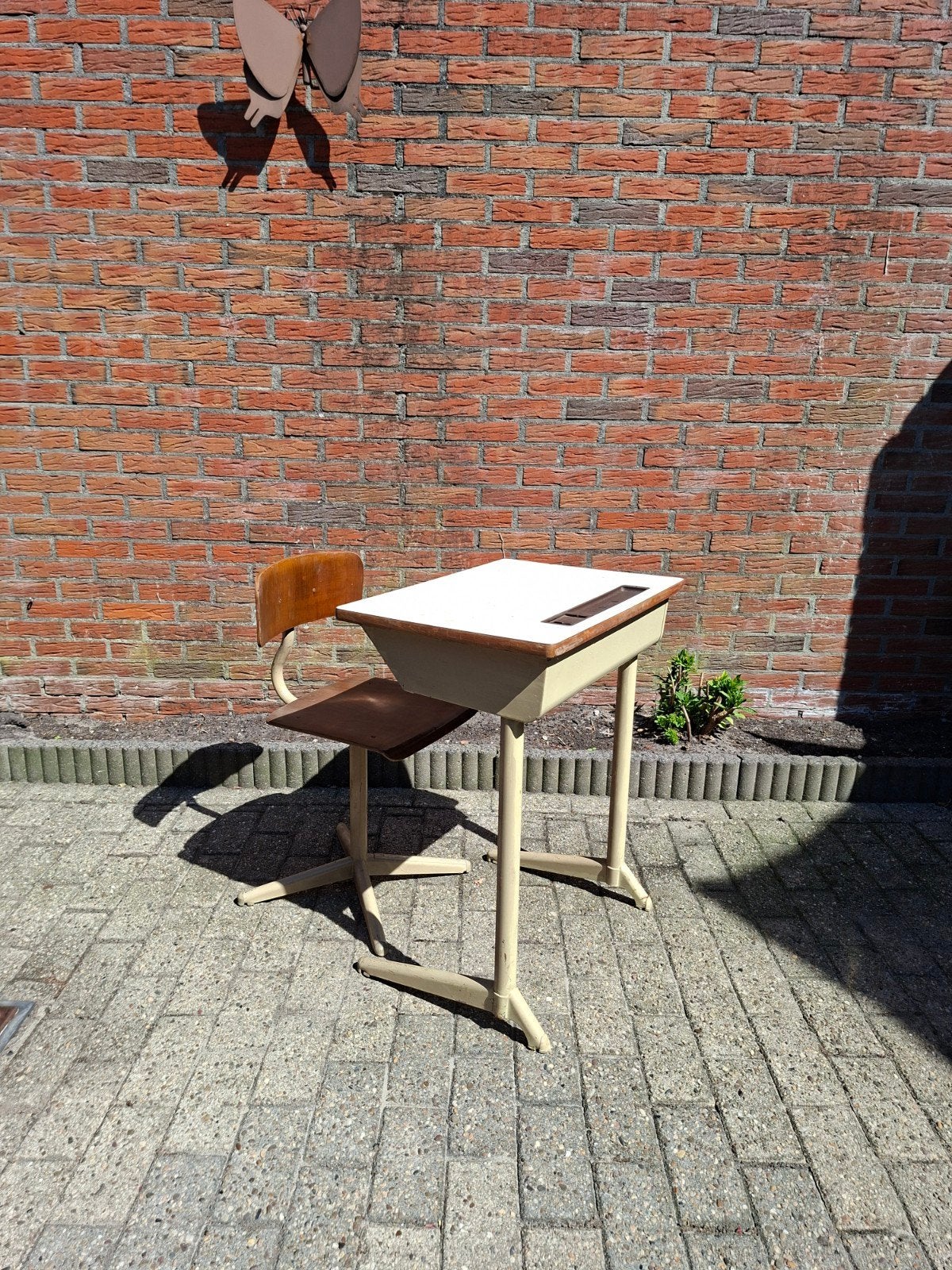 Vintage schoolbankje met stoel - Retro design, Antiek en Kunst, Antiek | Meubels | Tafels, Ophalen