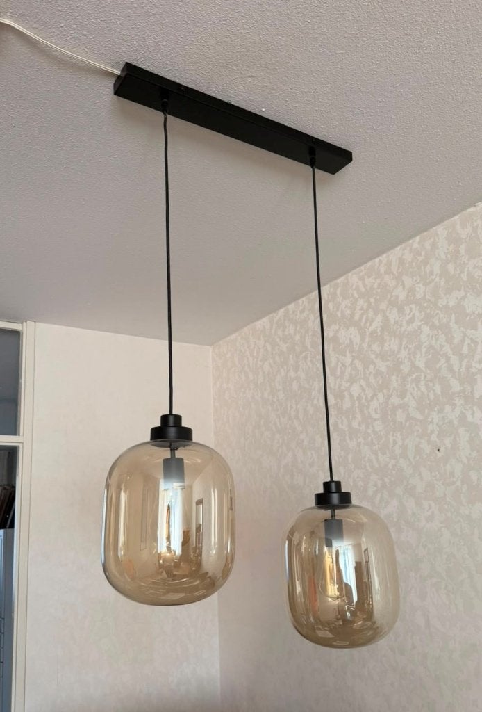 Eetkamer hanglamp / plafondlamp met 2 glazen bollen, Ophalen, Zo goed als nieuw, Glas, E27 (groot)