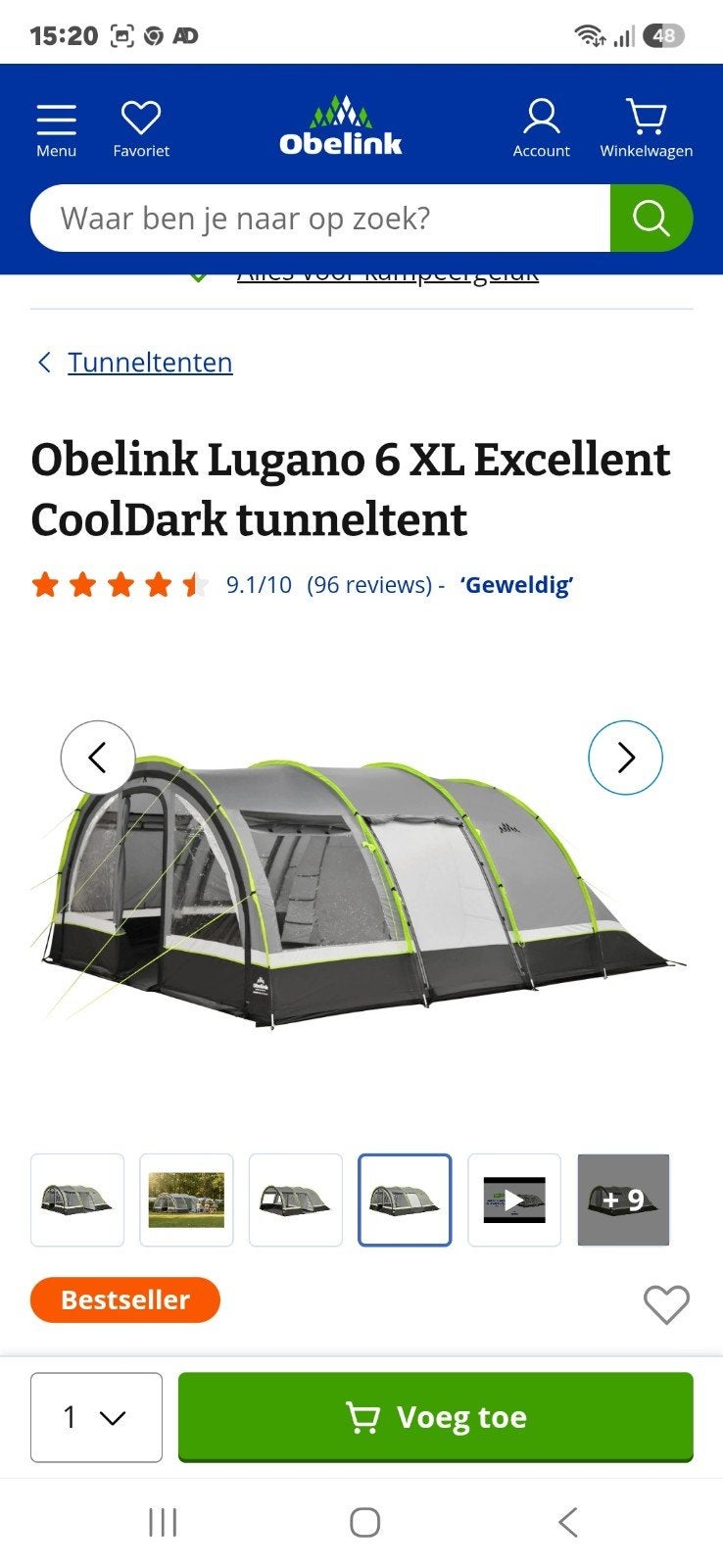 Obelink Lugano 6 XL Excellent CoolDark tunneltent - ZGAN, Ophalen