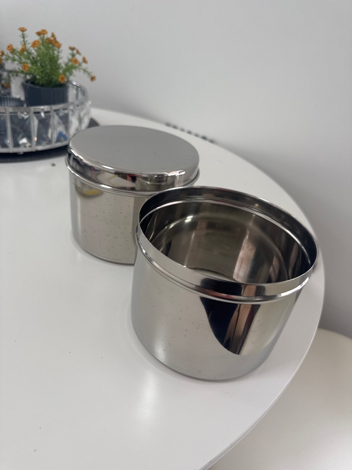 Set van 2 RVS voorraadpotten met deksel, Huis en Inrichting, Gebruikt, Zilver, Ophalen of Verzenden, Voorraadpot