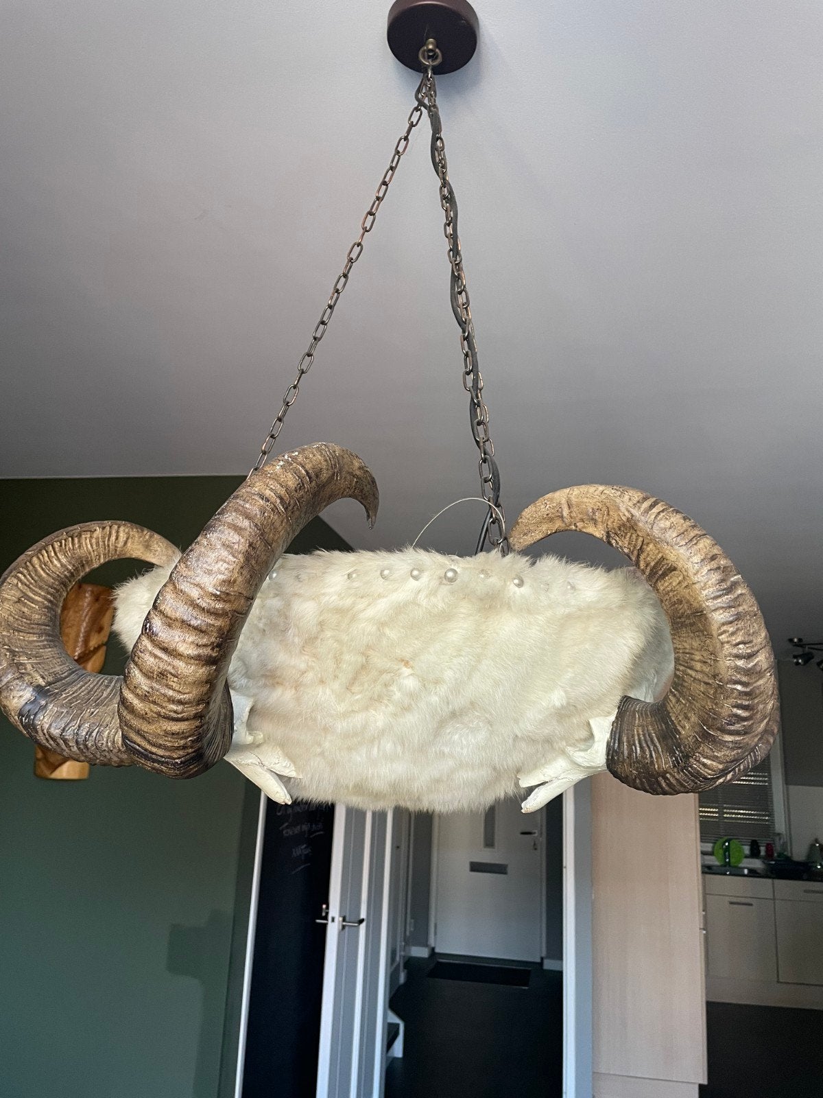 Unieke Ramkop Hanglamp - 3 Koppen met Bontbekleding, Ophalen, Uniek, Eyecatcher, Overige fittingen, Zo goed als nieuw